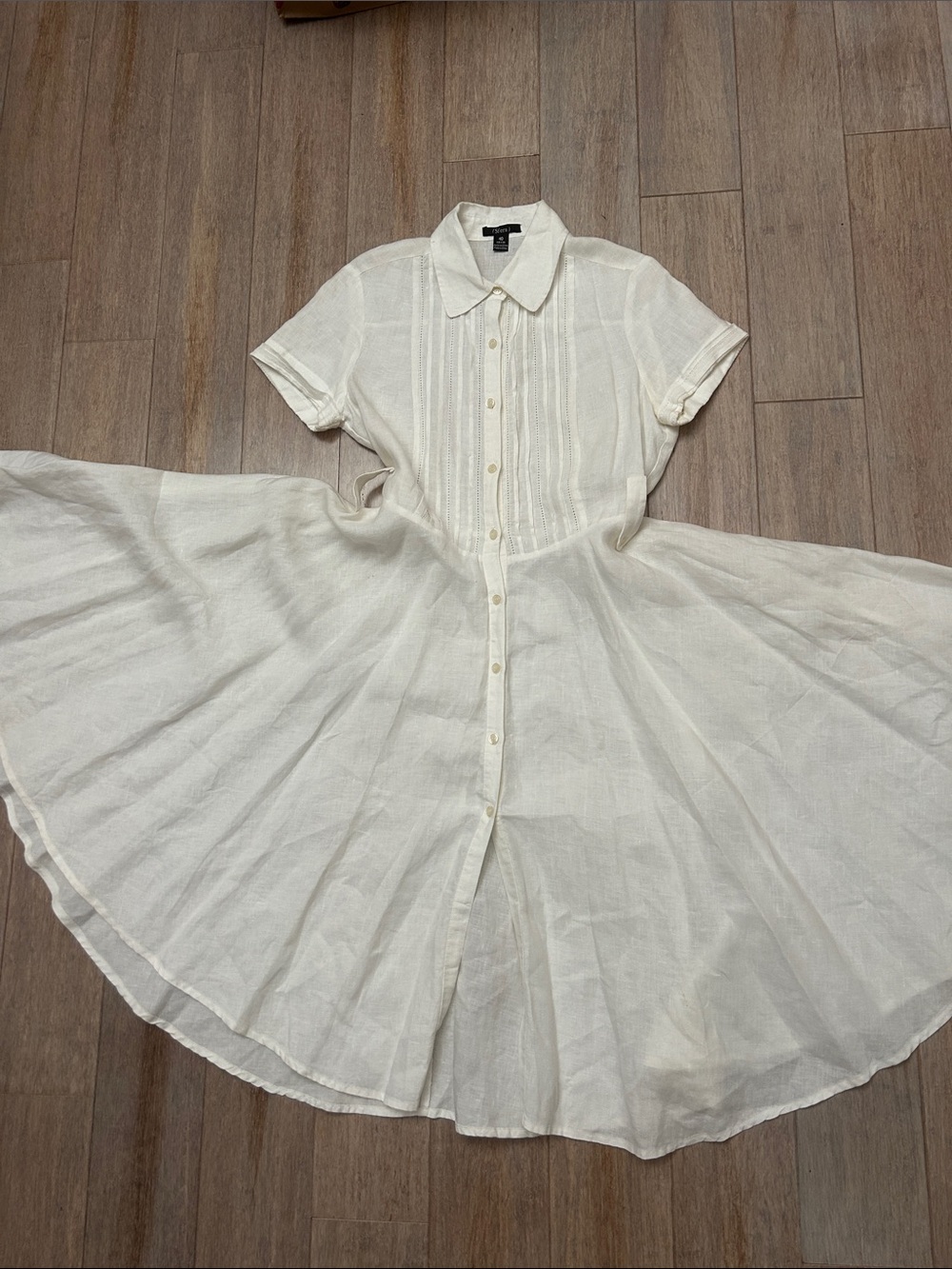 Vtg White Linen Skater Skirt A-Line Front Button Dress embroidered